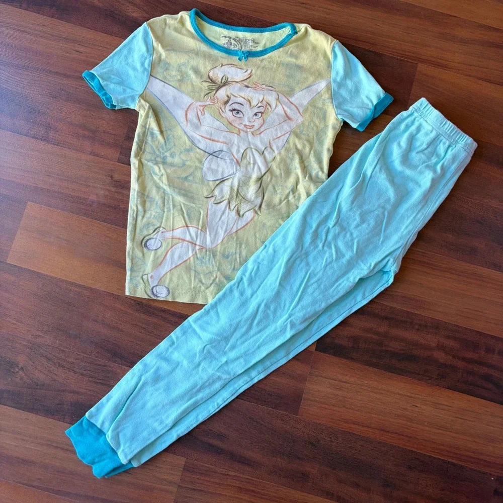 Disney Studio Collection‎ Tinkerbell Pajama Set Yellow Aqua Blue Girls Size 10